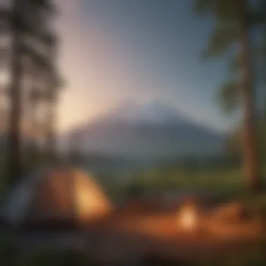 Campsite with a tent and campfire against the backdrop of Mount St. Helens