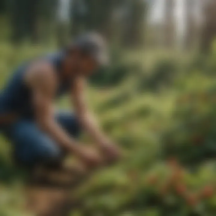 A farmer inspecting healthy berry bushes during the cultivation process