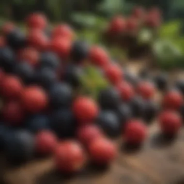 A close-up view of various Pacific Northwest berries on a wooden table