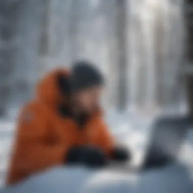 A researcher analyzing snowfall data on a laptop in a snowy landscape.