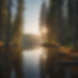 Scenic view of Bass Lake surrounded by towering trees