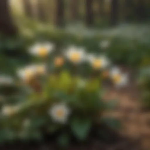 Bloodroot plant with vibrant white flowers