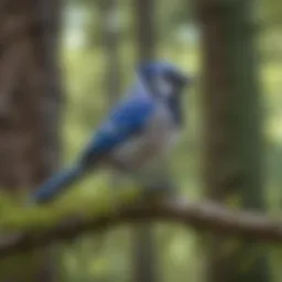 A bluejay perched on a branch in a vibrant forest setting, showcasing its striking coloration and features.
