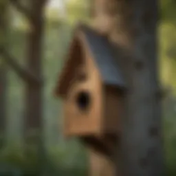 A beautifully crafted wooden bat house hanging on a tree
