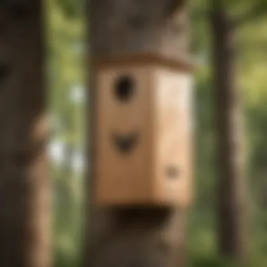 A completed bat box installed on a tree