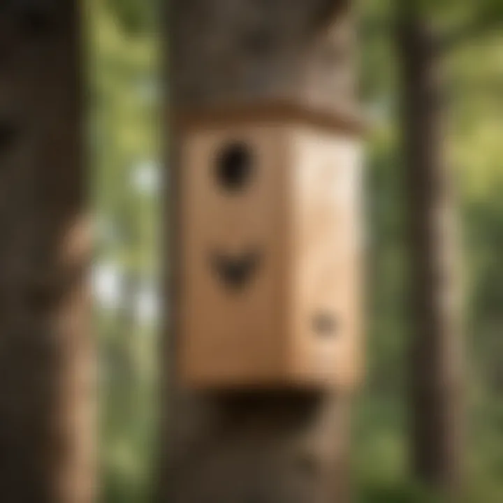 A completed bat box installed on a tree