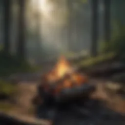 A serene forest scene with a glowing campfire surrounded by trees.