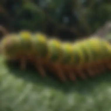 Vibrant Caterpillar in Its Natural Habitat A vibrant caterpillar on green leaves, showcasing its intricate patterns and colors.