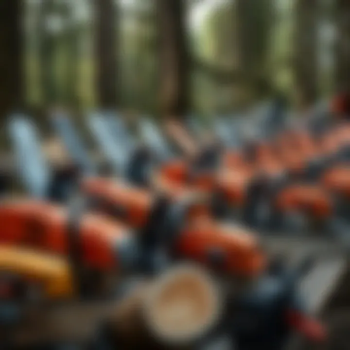 Various types of modern chainsaws displayed
