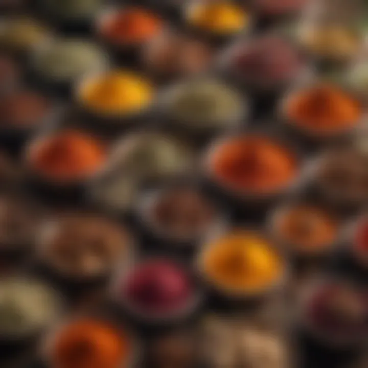 An assortment of colorful spices in decorative bowls.
