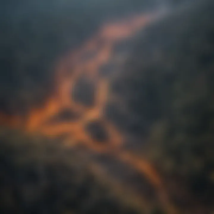 Aerial view of a forest affected by a wildfire, showcasing the aftermath of the blaze.