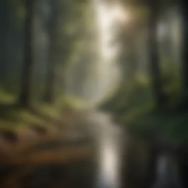 Flood Risk in Forested Areas A serene forest landscape at the edge of a river, illustrating the risk of floods.