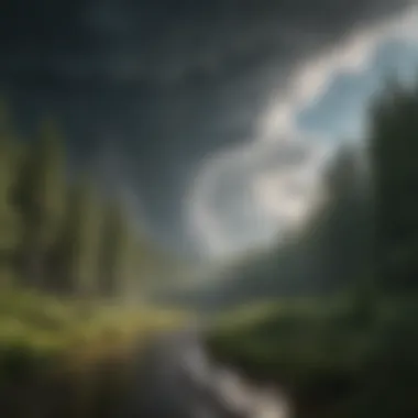 Severe Weather Threats to Forest Ecosystems Storm clouds forming over a dense forest, representing the threat of severe weather events.