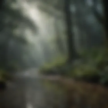 Rainfall in a rainforest, showcasing the interaction between water and foliage