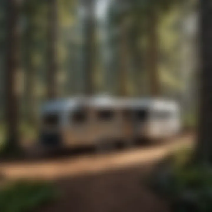 An eagle camper in a forest setting, showcasing its sleek design