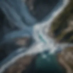 Aerial view of a melting glacier illustrating climate change effects