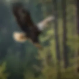 A majestic bald eagle soaring over a tranquil landscape, symbolizing the resilience of endangered species.