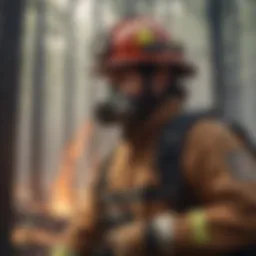 A firefighter equipped with a respirator assessing a wildfire site