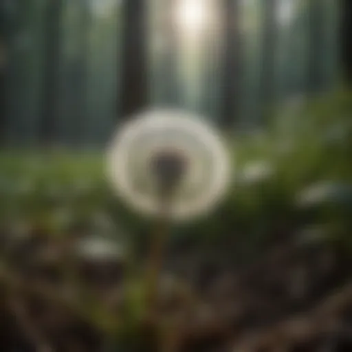 Dandelion blooming in a dense forest undergrowth