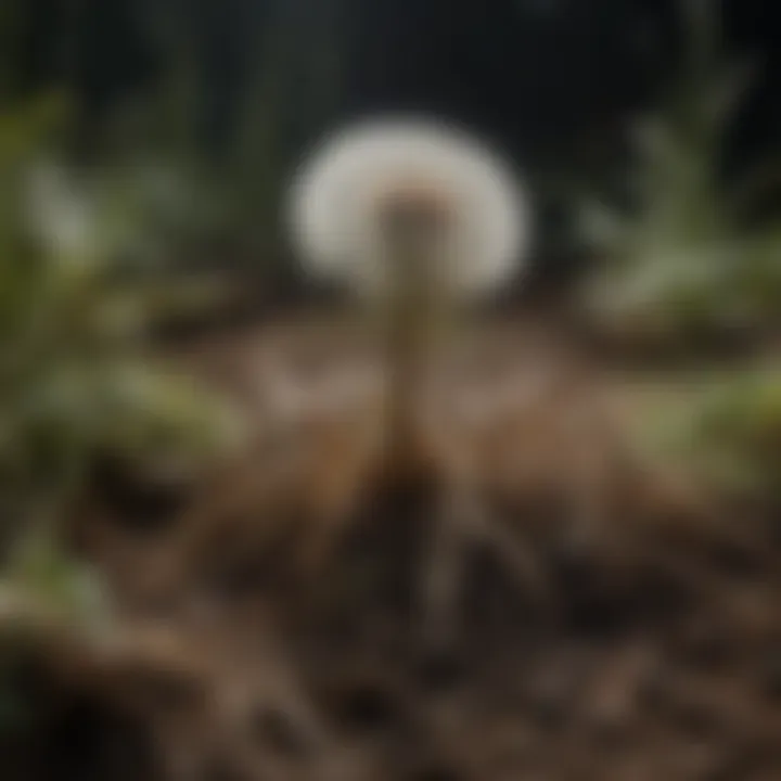 Close-up of dandelion roots entangled with forest soil