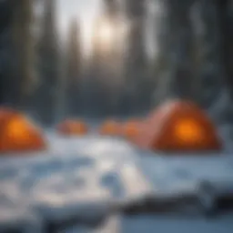Serene winter campsite with snow-covered tents