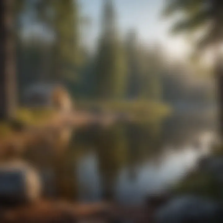 Campsite surrounded by trees and a serene lake