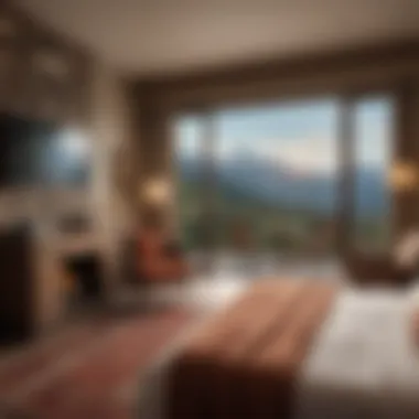 Inviting Hotel Room with Spectacular Mountain Views Cozy hotel room with rustic decor and mountain views
