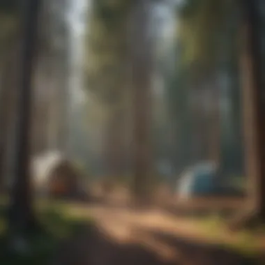 Campsite Surrounded by Pines A well-maintained campsite nestled among towering pine trees.