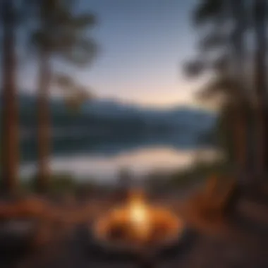 Evening Campfire by the Lake Campers enjoying a peaceful evening by a crackling campfire with the lake in the background.