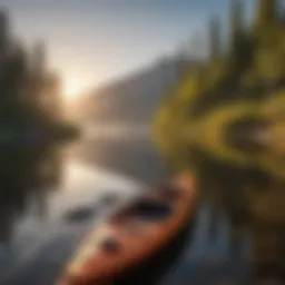 A serene view of a Colorado lake at sunrise with a kayak on the shore