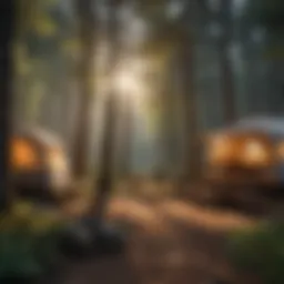 A serene forest campground with tents set up under tall trees