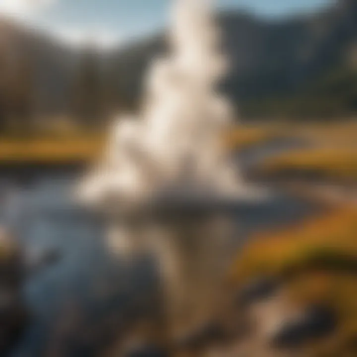A stunning landscape showcasing geysers and mountains in Yellowstone