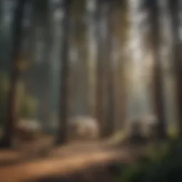 Serene campsite surrounded by towering trees and mountains