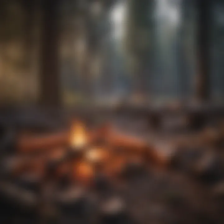 A cozy campfire setup with glowing embers and logs