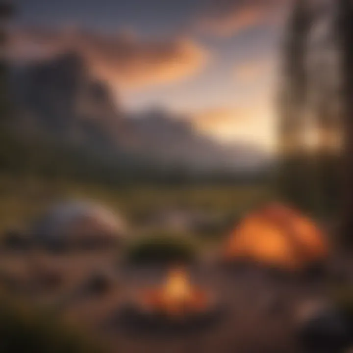 Campsite with a picturesque mountain backdrop at sunset