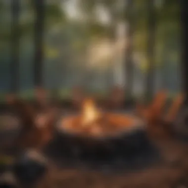 Close-up of a campfire surrounded by chairs at dusk