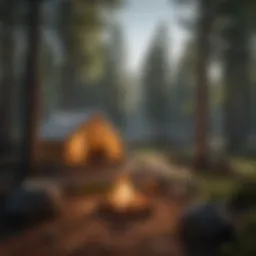 A serene campsite nestled among towering pines, showcasing a cozy tent with a campfire nearby.