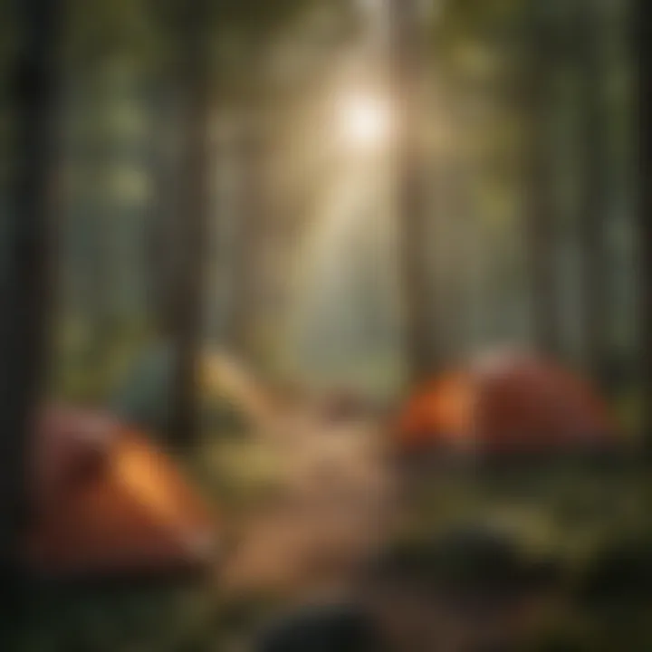 Camping setup with tents in a vibrant forest area