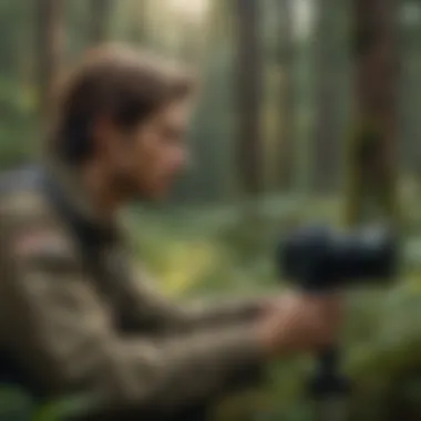 Field Research in Forest Ecology A researcher conducting field studies in a lush forest environment