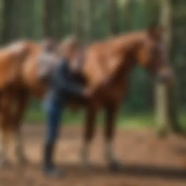 Professional horse trainer working closely with a young horse