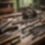 A detailed view of carpentry tools arranged on a wooden workbench