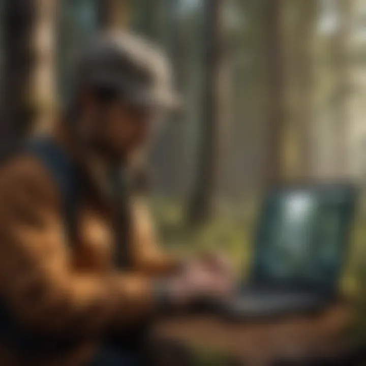 Researcher analyzing forest data on a laptop