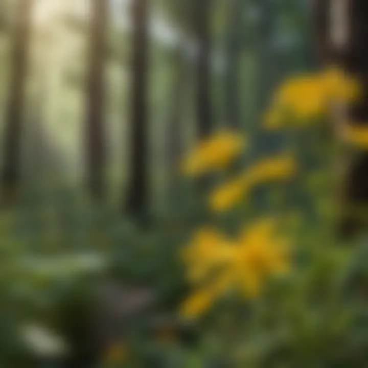 A close-up view of vibrant yellow wildflowers in a forest setting, showcasing their intricate petal structures.