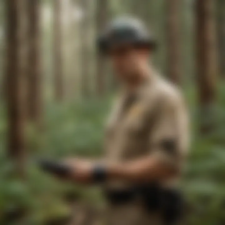 A dedicated forest service employee conducting fieldwork in a lush environment.