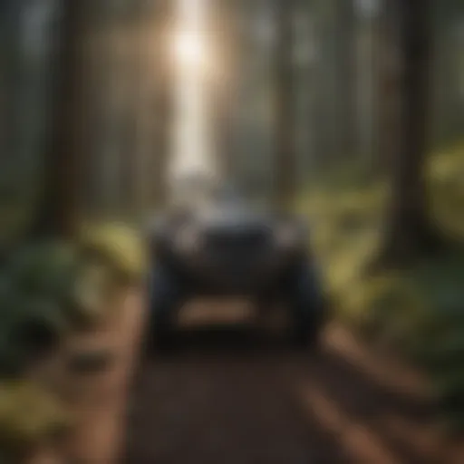 A rugged four-wheeler navigating a narrow forest trail
