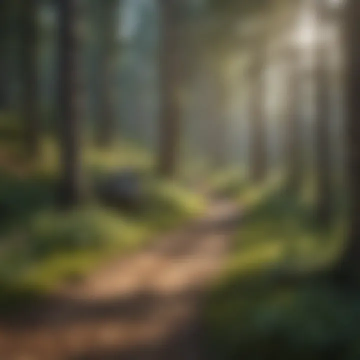 A stunning view of a forest trail leading to a camping area