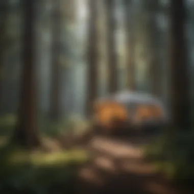 Nature's Retreat: The Camping Experience A serene campsite surrounded by lush greenery and towering trees