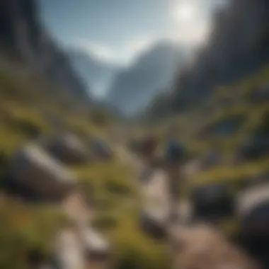 Hikers navigating a rocky path surrounded by stunning landscapes