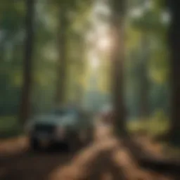 A serene forested campground in Illinois, showcasing towering trees and a peaceful atmosphere