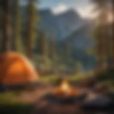 A picturesque campsite setup with tents, a campfire, and scenic mountains in the background.